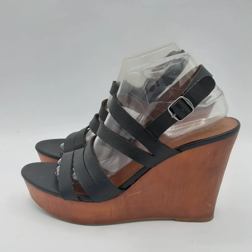 Lucky Brand Larinaa Black Leather Boho Retro 70's Strappy Wedge Sandals.